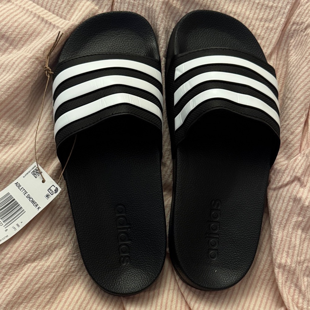Adidas Black and White Striped Slides